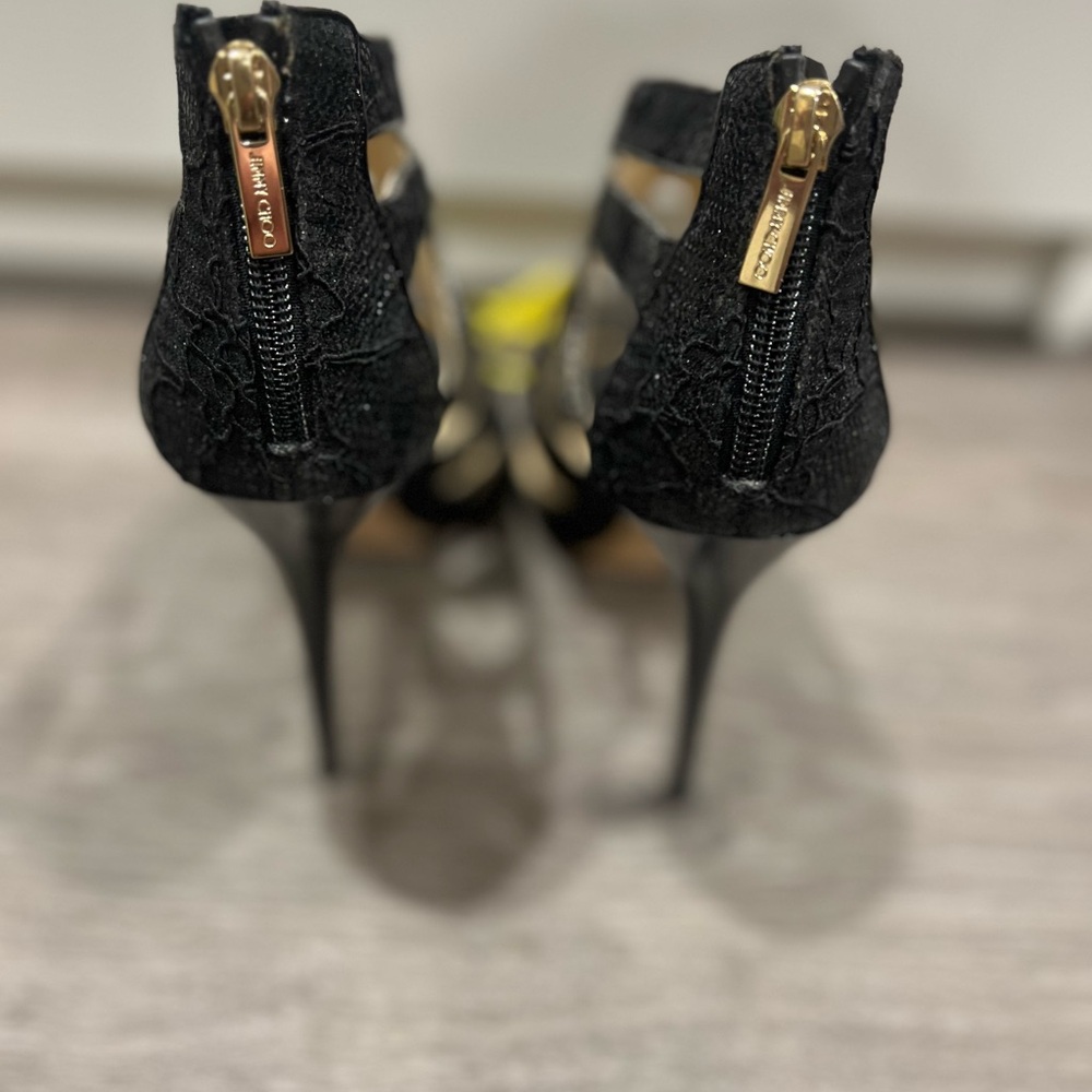 JIMMY CHOO Black Glitter Lace Cage Cut Out Heels Sandals Sz 40.5 - Picture 8 of 8